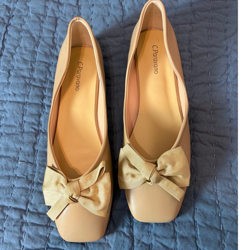 C.Paravano Beige Leather Square Toe Bow Ballet Flats 9 39.5 Coquette Balletcore
